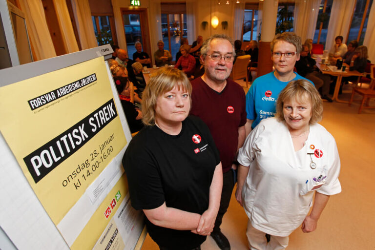 For første gang streiket alle de tre hovedarbeidstakerorganisasjonene sammen. Fra venstre: Sissel Skorstad, LO, appellant Per Bårdsen, Unio, Jorun Dahle, YS og Iren Halbostad, Unio.