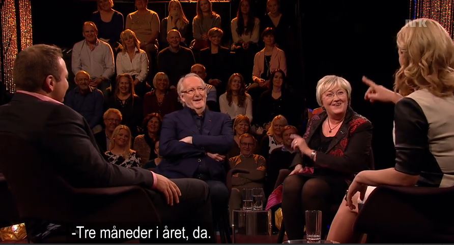 Fiskeriminister Elisabeth Aspaker fortalte om konseptet som Nesset Sjømat jobber med, i samtale med Eyvind Hellstrøm i Lindmo sist lørdag. (Foto: NRK)