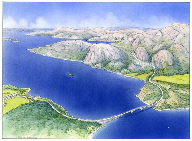 Slik vil det bli seende ut, dersom Knottbrua og nyvegen blir bygd. (Tegning: Knut Høihjelle)