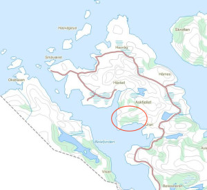 Kartet viser hvor brannen startet. Hele Sørnesset-halvøya er evakuert, og det er fare for bebyggelsen.