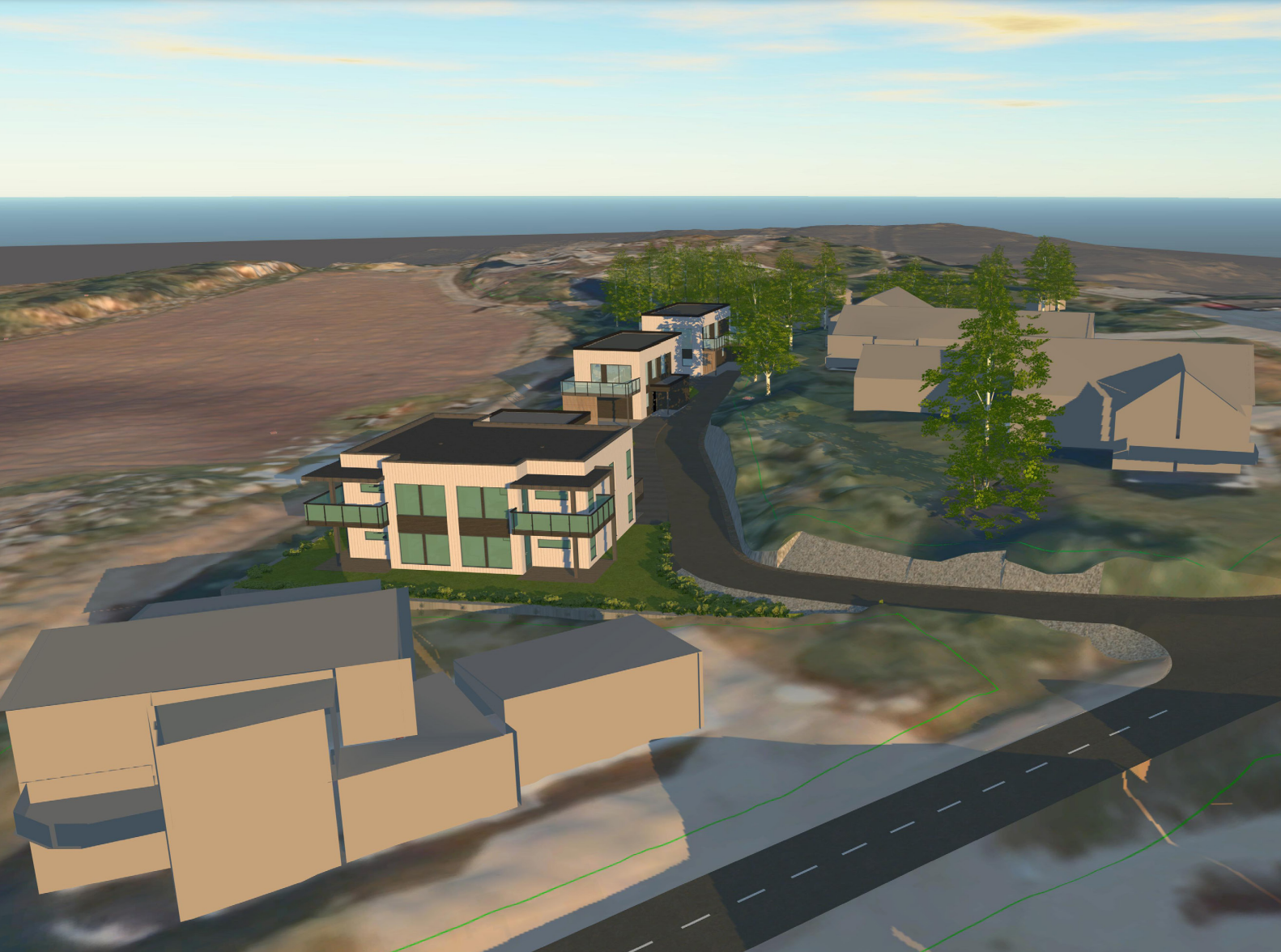 Slik er de nye boligene tenkt plassert p&aring; den smale tomta. Hovedutvalget ber utbygger se p&aring; om firemannsboligen kan vendes med fasaden i en annen retning. (Tegning: HD plan & arkitektur)