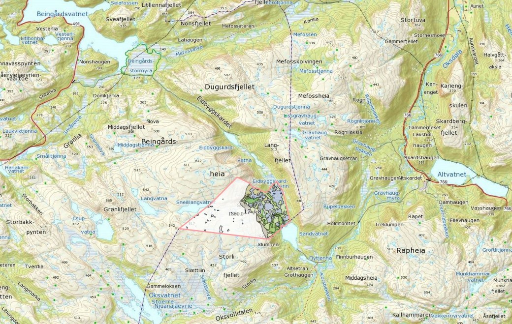 Sneilia ligger mellom eiendommene til Namdal Bruk og Oksvoll statsalmenning, og jegere fra begge sidene tråkker feil og jakter langt inne på eiendommen hvor det ikke er åpnet for jakt. (Kart: Skog og landskap)