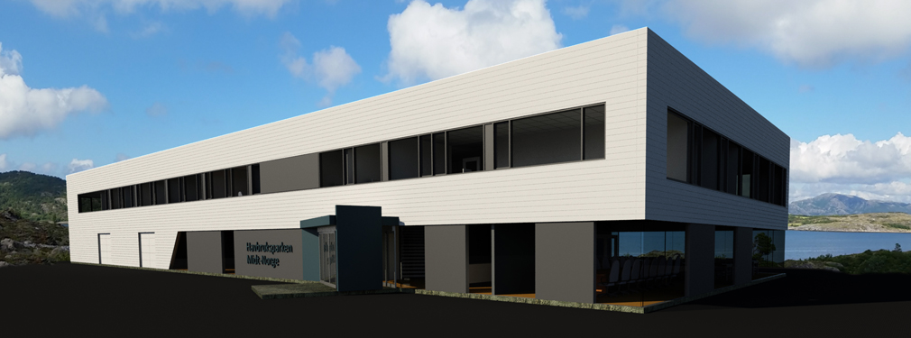 Slik blir det nye bygget som skal huse Havbruksparken Midt-Norge. (Ill.: Mikael Løfsnæs Haagensen, MLH Arkitektur)