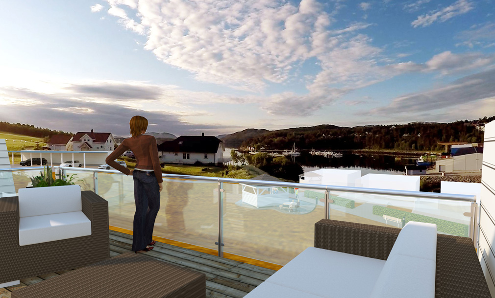 Leilighetene får sol hele dagen, og solnedgangen over Eiansundet kan beskues fra terrassen. (Fotomontasje: Trønderhus)