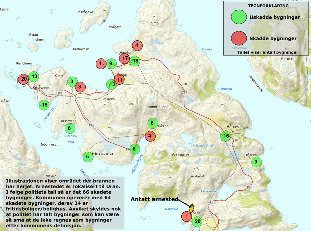 Kartet viser antall uskadde (grønn farge) og skadde bygninger (rød farge).