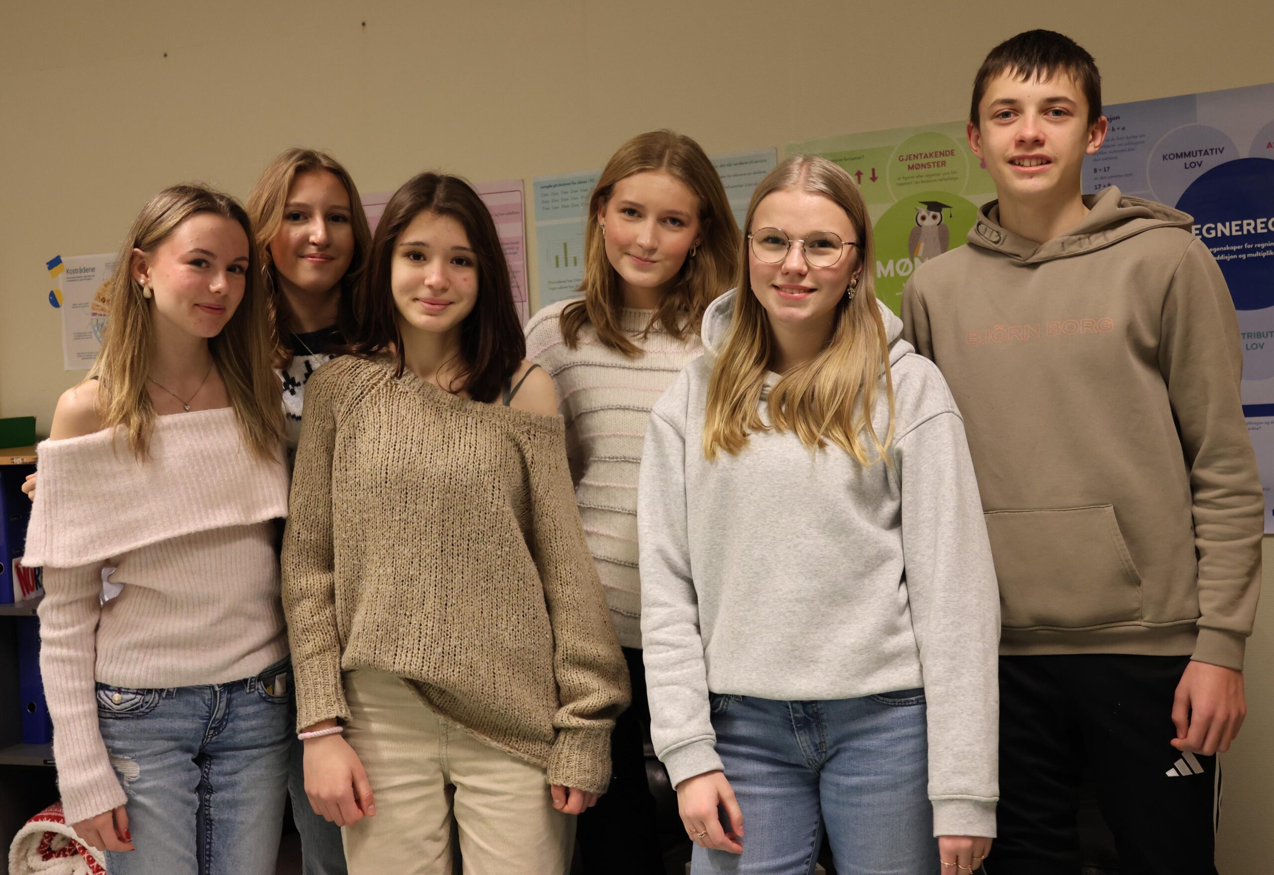 &Aring;rets tiandeklassingar ved Lauvsnes skole. F.v. Ine, Anna, Ira, Leyna, Nora og Kasper. Erica manglar p&aring; biletet. 