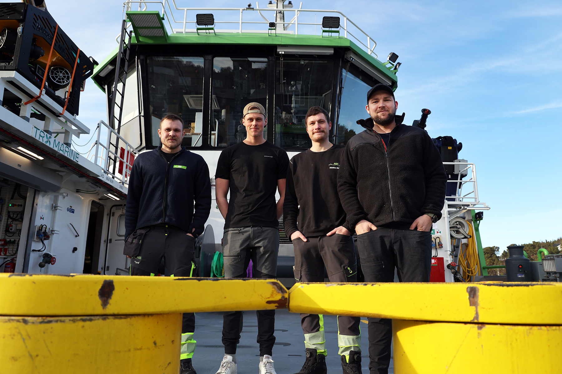 Dette er mannskapet p&aring; AQS Trym, og de hentet b&aring;ten i Bergen. Fra venstre: Tord Sandvik, Edvard Hunnestad, Mathias Berg og &Oslash;rjan Iversen.