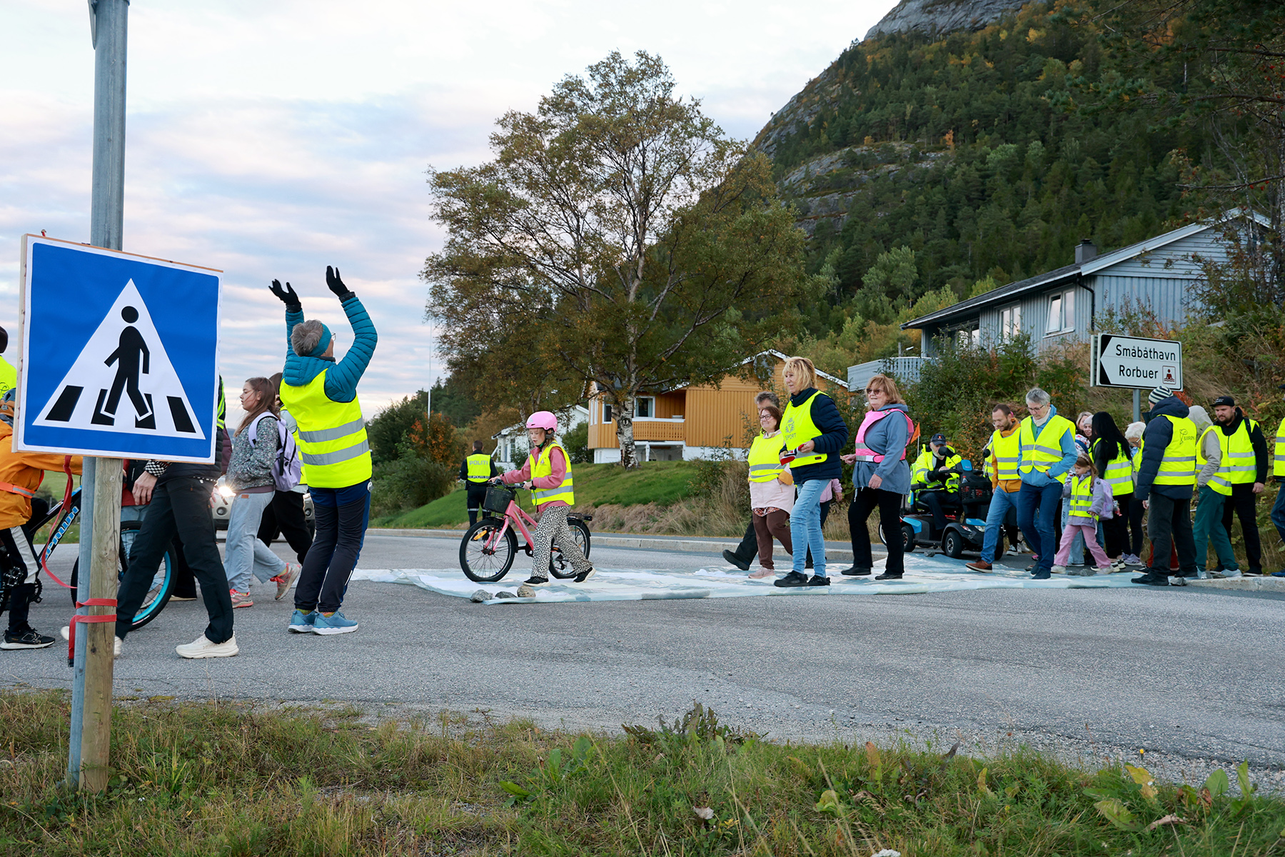 Rundt 40 personer deltok p&aring; aksjonen, der det ble satt opp provisoriske gangfelt-skilt og rullet ut strikka hvitstriper over fylkesveien. (Arkivfoto)
