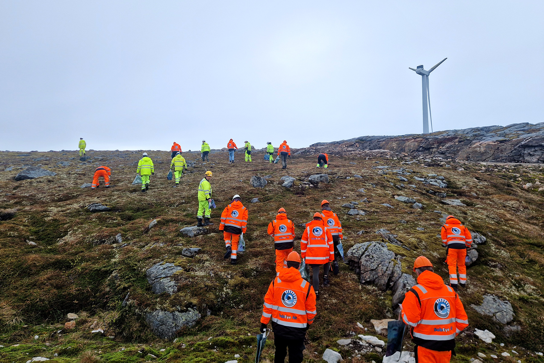 I snitt har rundt 30 personer hver dag vært i arbeid med å rydde på Sørmarkfjellet i sommer. Her går de manngard ved en av turbinene som ble ødelagt etter uværet. (Foto: Aneo)