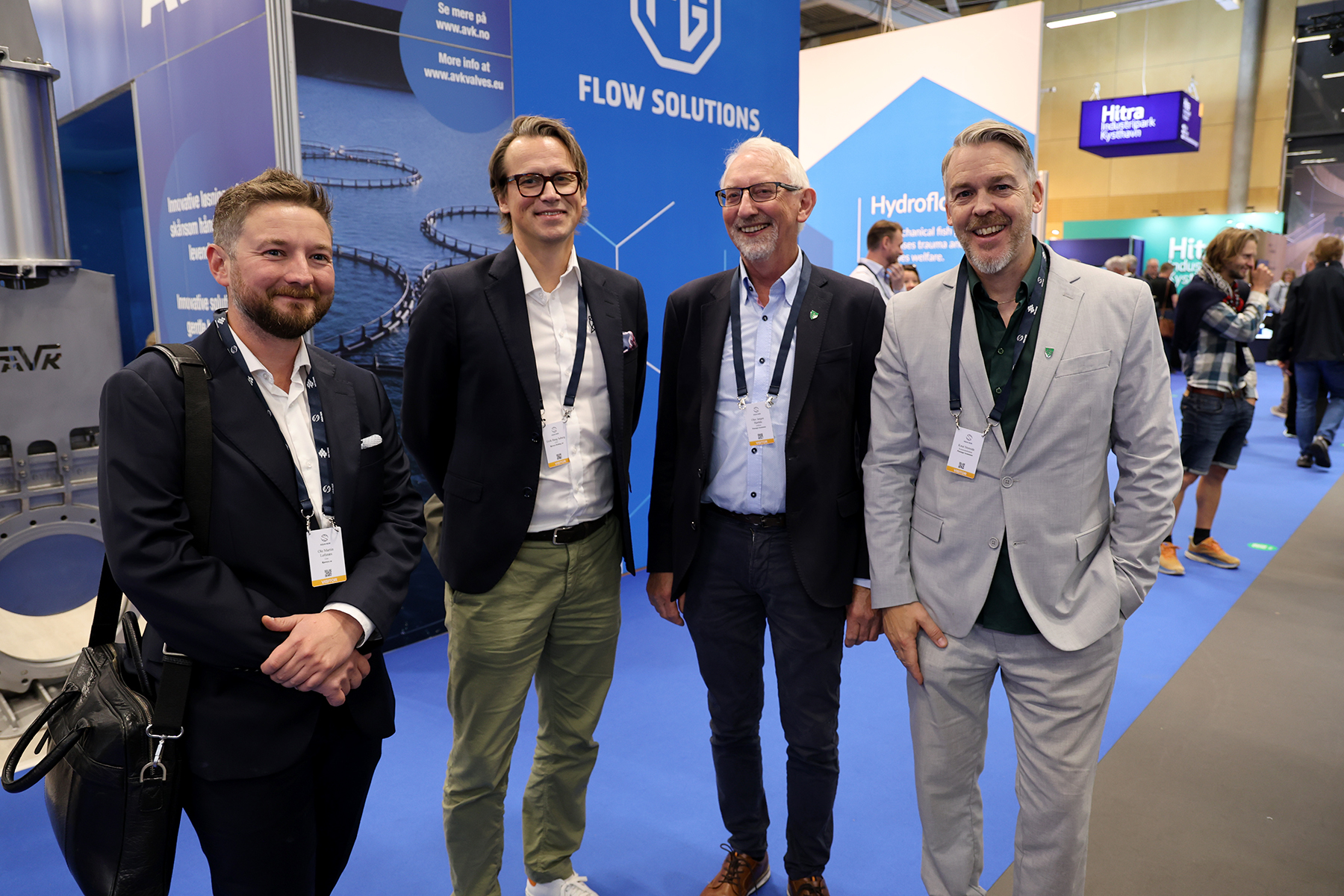 De to Bjørøya-sjefene Ole Martin Løfsnæs (til venstre) og Eirik Bang Søberg er på plass på Aqua Nor, det samme er ordfører Olav Jørgen Bjørkås og kommunedirektør Knut Storeide.