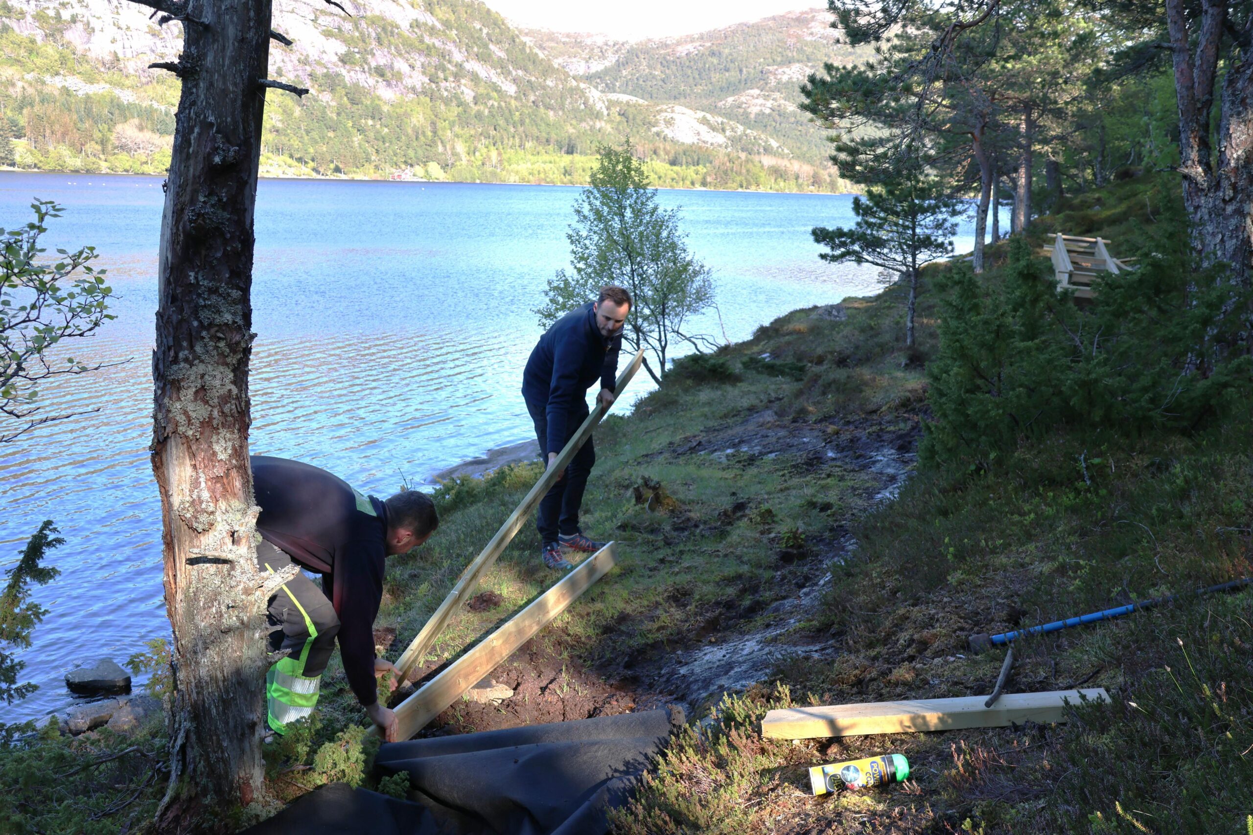 Benjamin og H&aring;kon Lein Fugl&aring;r jobba i eit trekl&oslash;ver med Iver Aune Krogstad. 