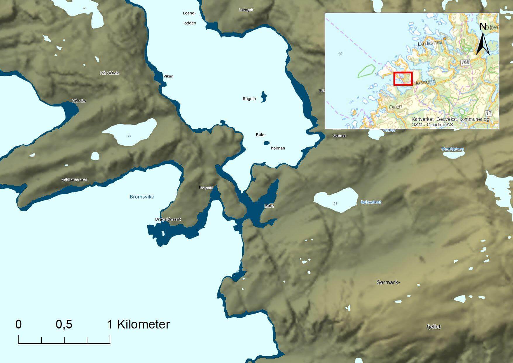 Oversiktskart over den indre delen av Bølefjorden, med inntegnet havnivå på rundt 17moh (mørk blå) over dagens havnivå (lys blå). Vi ser her at det ville ha vært et smalt sund mellom Bølefjorden og Svesfjorden.