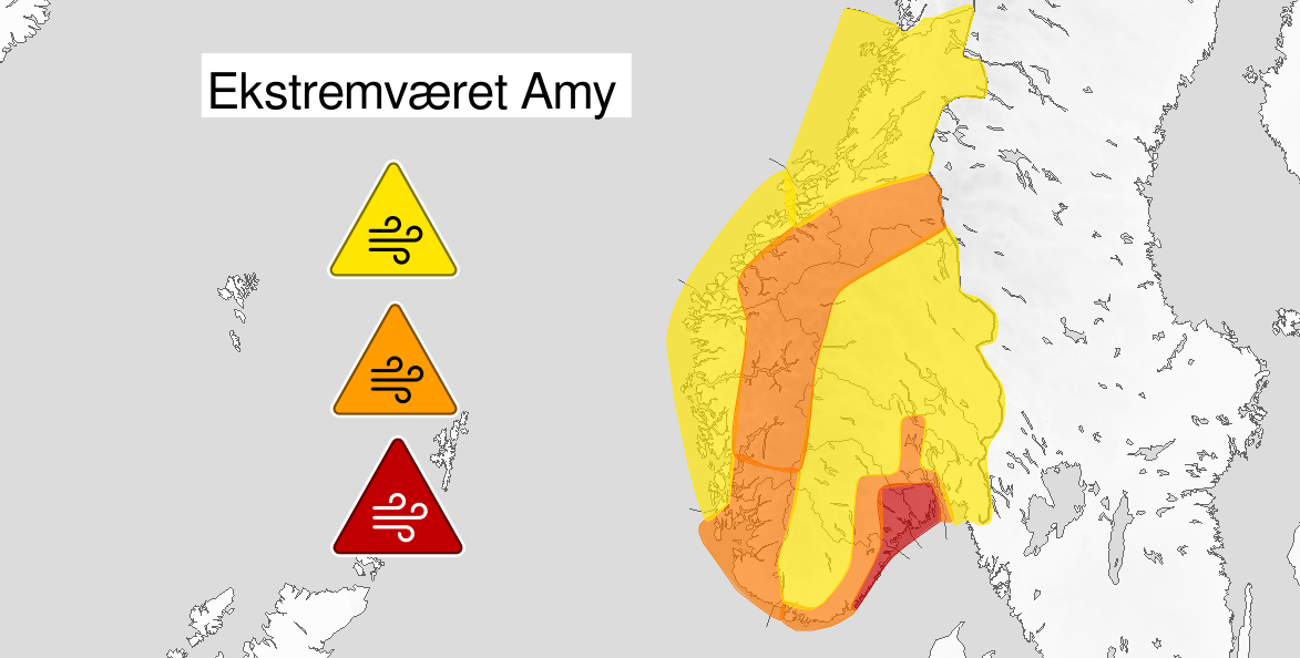 Slik vil Amy treffe Norge. Men gule og r&oslash;de farger sier mer om hvor godt omr&aring;dene er til &aring; takle ekstremv&aelig;r enn om vindstyrken. Langs kysten er folk mer vant til kraftig vind. (Kart: yr.no)
