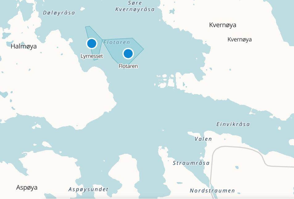 Flotaren ligger mellom Halmøya og Kvernøya. (Kart: Barentswatch)