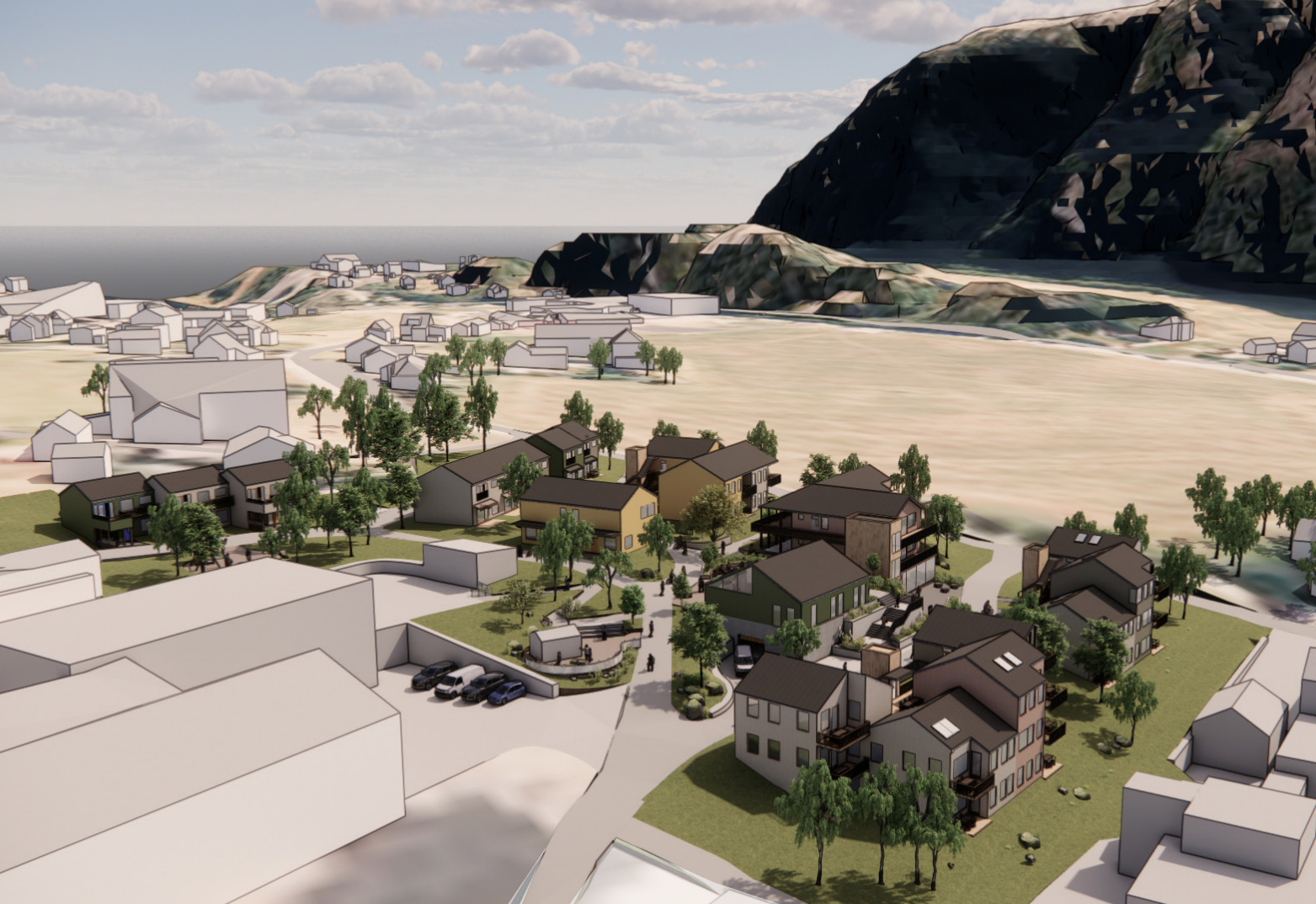 Gulltomta ligger ved siden av pleie- og omsorgstunet, og er tiltenkt den eldre del av Flatangers befolkning. (Tegning: Asplan Viak)