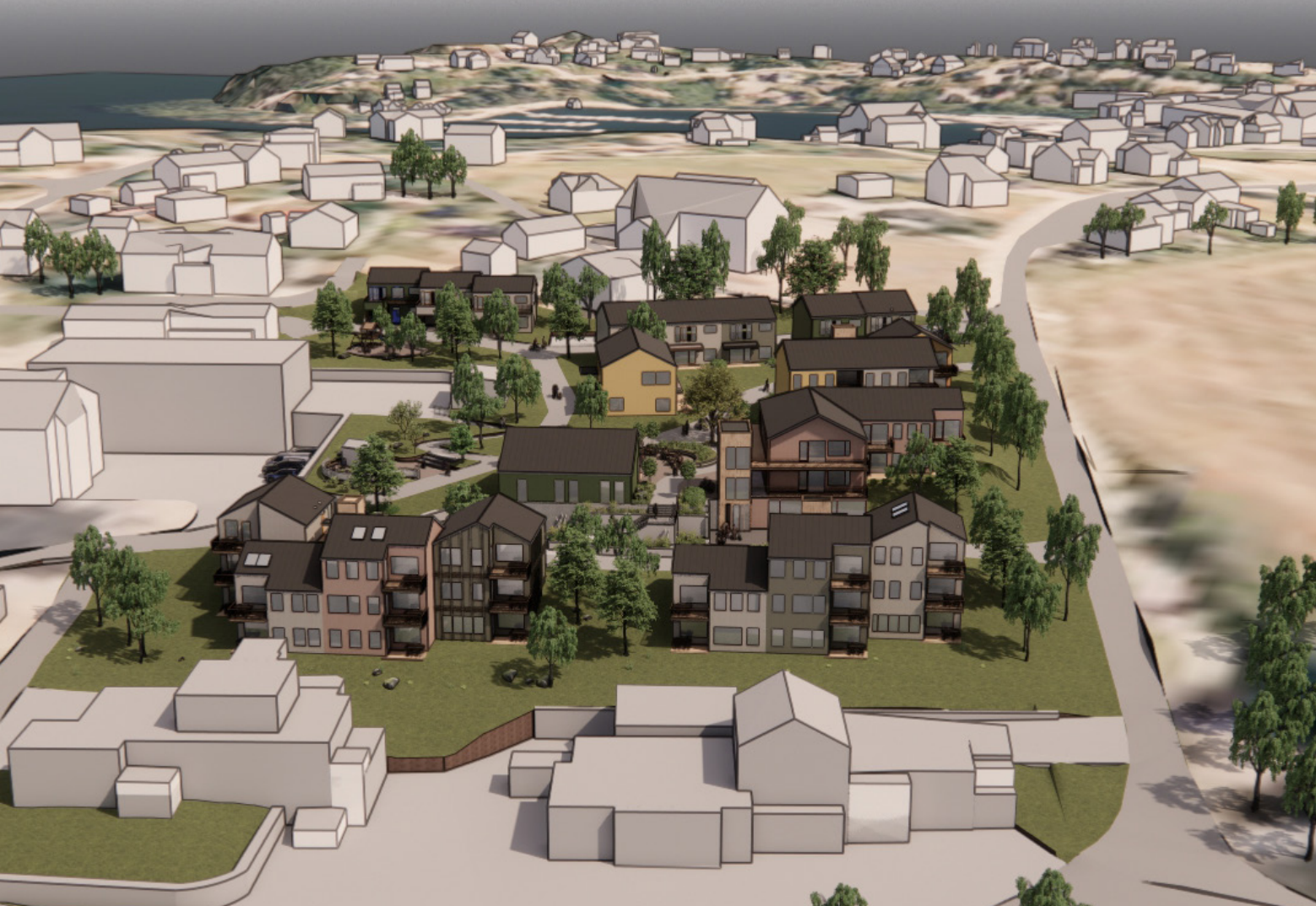 Slik kan det nye boligområdet på gulltomta bli utformet, hvis kommunen følger anbefalingene fra planleggerne i Asplan Viak. (Tegning: Asplan Viak)