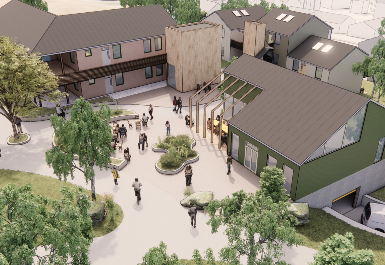 Et fellesbygg med gatetun har en sentral plass i det nye boligområdet. (Tegning: Asplan Viak)