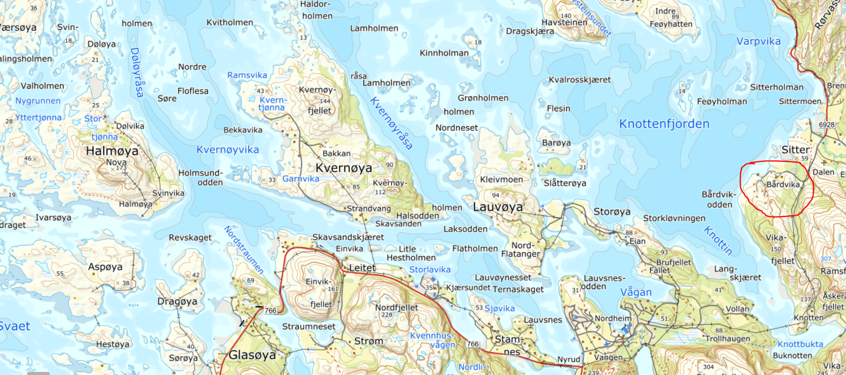B&aring;rdvika ligger like s&oslash;r for Sitter, til h&oslash;yre p&aring; kartet. Halm&oslash;ya til h&oslash;yre. (Kart: Norgeskart)