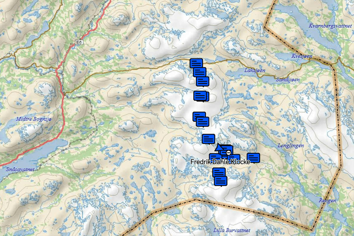 Kartet viser ruta Fredrik Dahle Kloke har g&aring;tt, og han har lagt ut meldinger med situasjonsrapport cirka to ganger i d&oslash;gnet. (Skjermdump: Garmin)