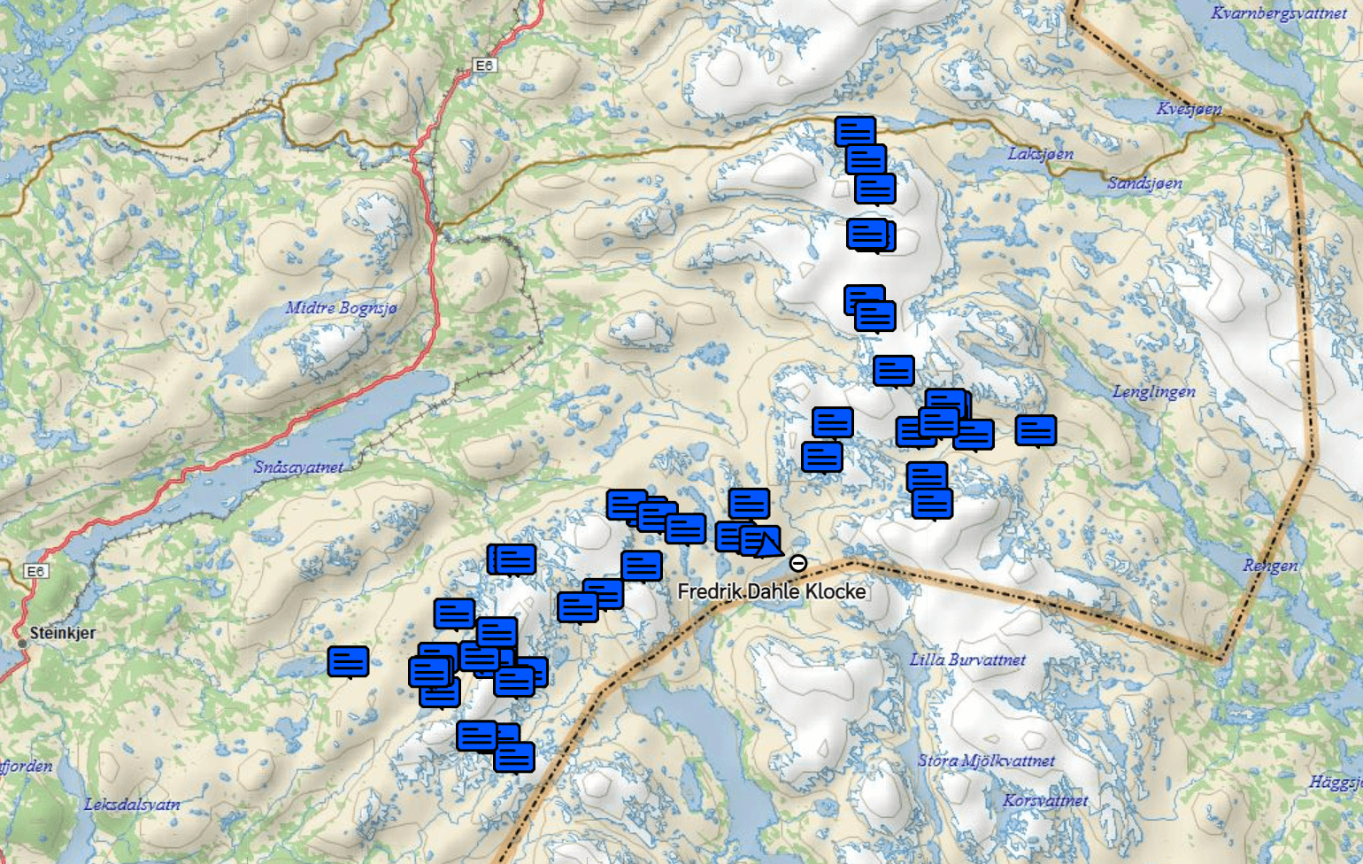 Kartet viser hvor Fredrik Dahle Klocke har beveget seg, siden han startet turen 14. februar. Tirsdag kveld slo han leir et lite stykke unna Gjevsjøen. (Kart: Garmin)