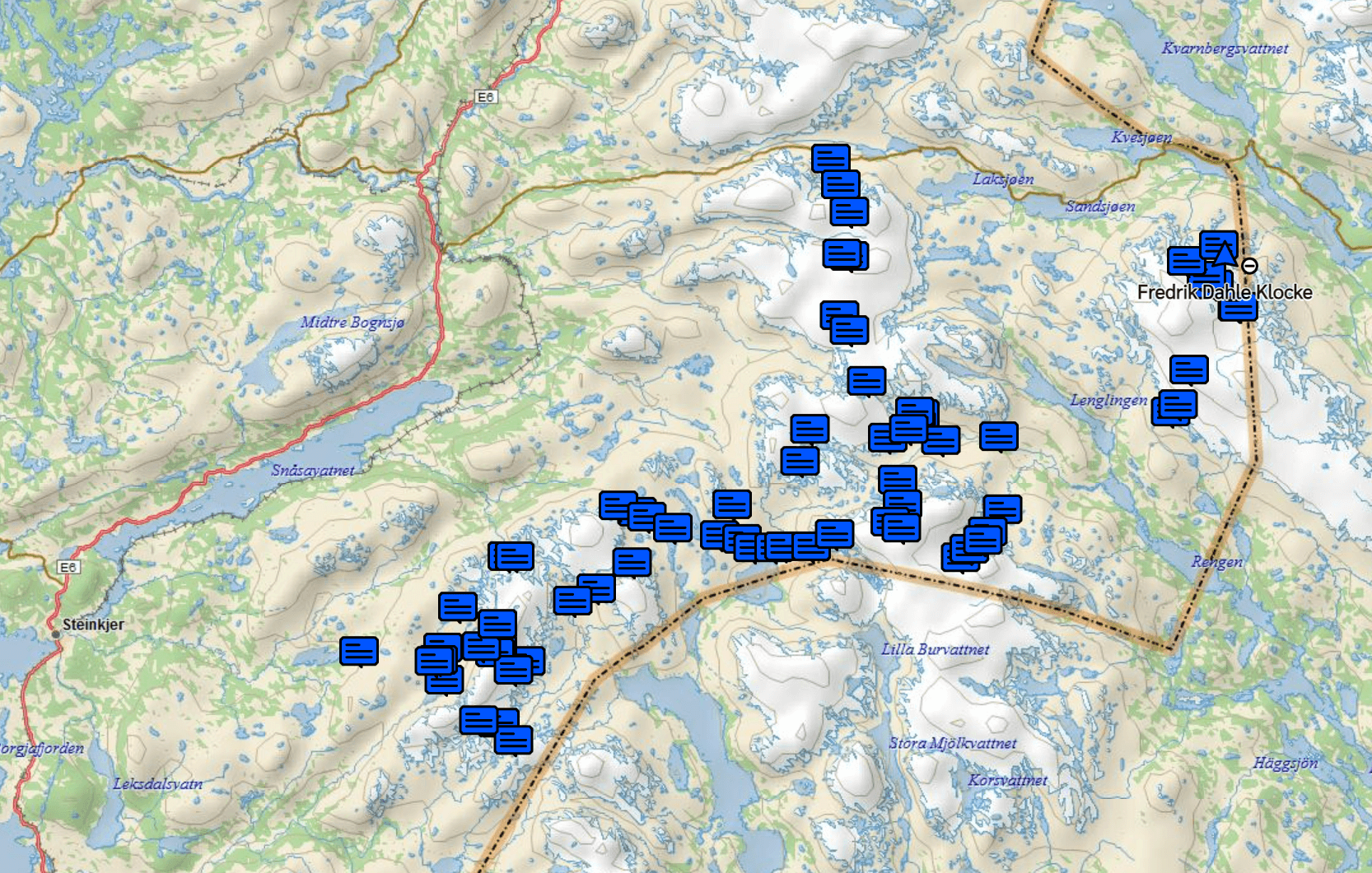 Kartet viser at Fredriks rute fra Lifjellet og inn i Skj&aelig;kerfjella og Bl&aring;fjella, og videre til Lierne nasjonalpark og endepunktet ved Murusj&oslash;en ikke langt fra G&auml;ddede. (Kart: Garmin Explore)