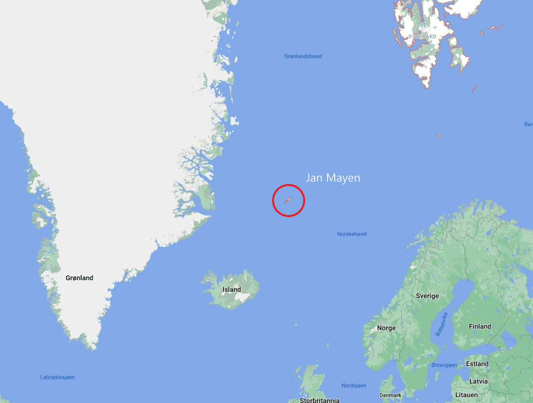 Kartet viser Jan Mayens plassering. (Kart: Google Maps)
