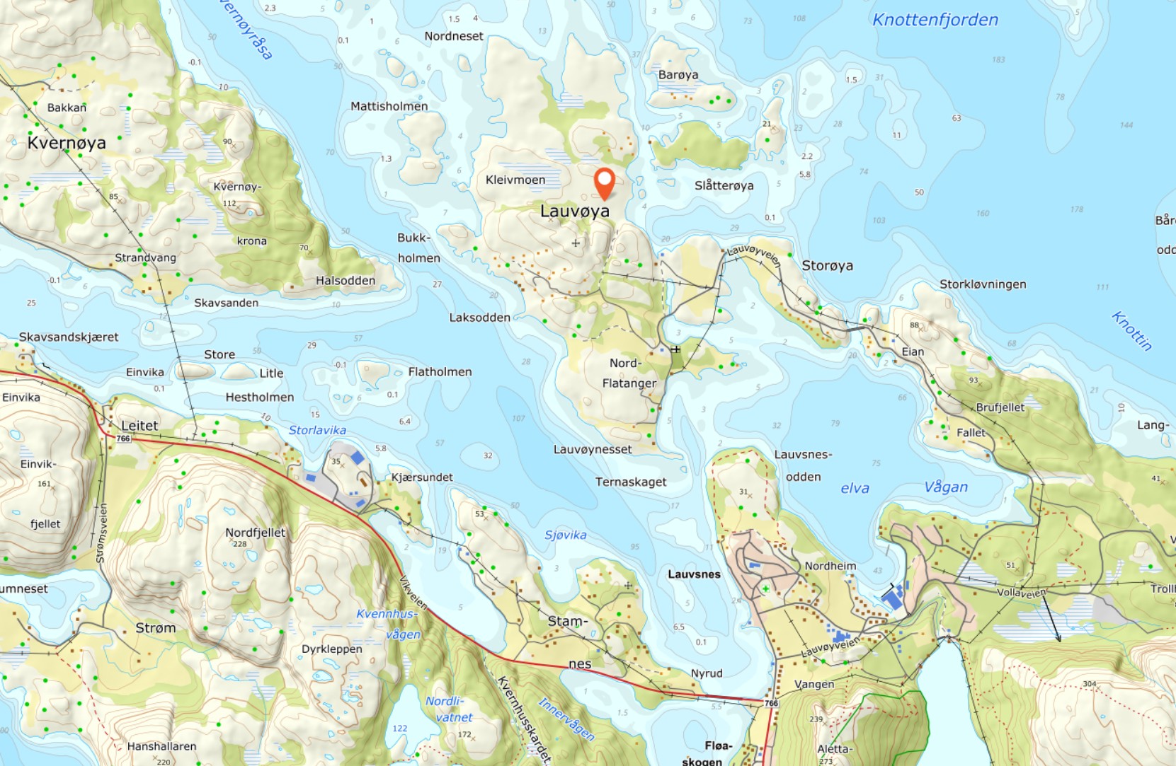 Her foreslås det å bygge ei dagsturhytte. Området er fra før et velkjent turmråde, og i sommer gikk en av Fysak-turen forbi tomta.(Kart: Norgeskart)