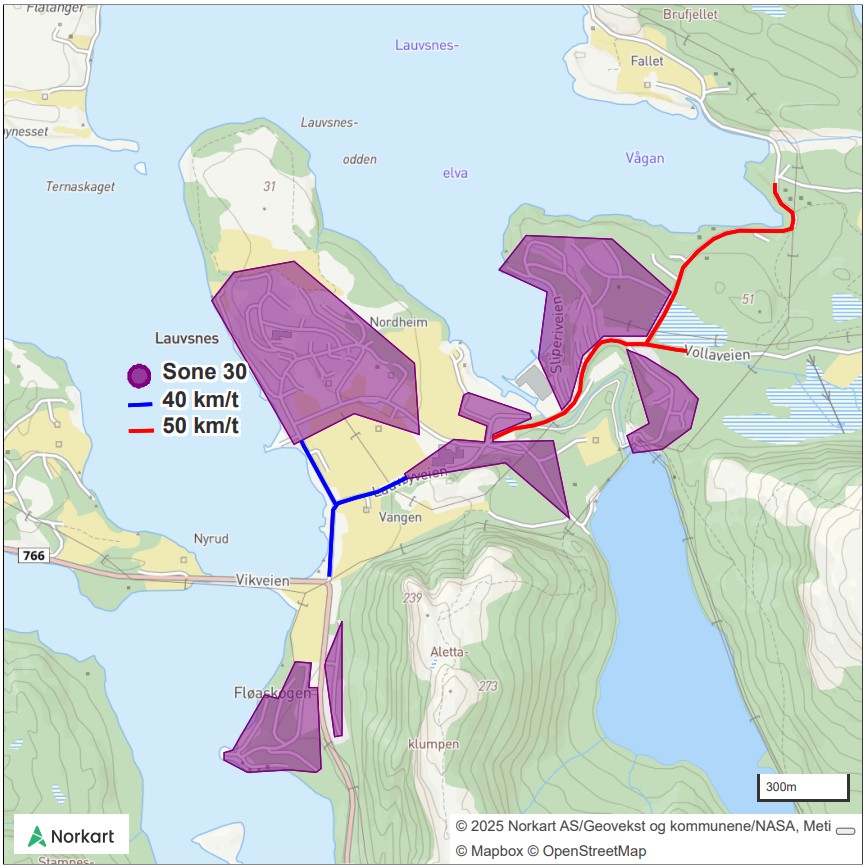 Kartet viser fartsgrenser og -soner på Lauvsnes. I tillegg blir det 50 km/t i Eian. Forkjørsveien vil bli fra krysset ved Stamnesbrua, opp Vanganveien, forbi skole, over Bakkan og til starten på Vollaveien den ene veien og Vågan den andre veien. I tillegg kommer fotgjengeroverganger.