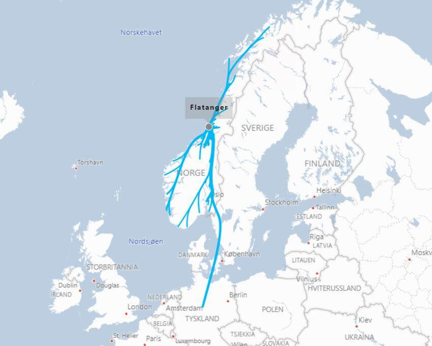 Kartet viser hvor folk har flyttet til fra Flatanger. Tykk bl&aring; strek til Tyskland omfatter alle som har flyttet til utlandet, 36 personer i alt. (Kilde: SSB)