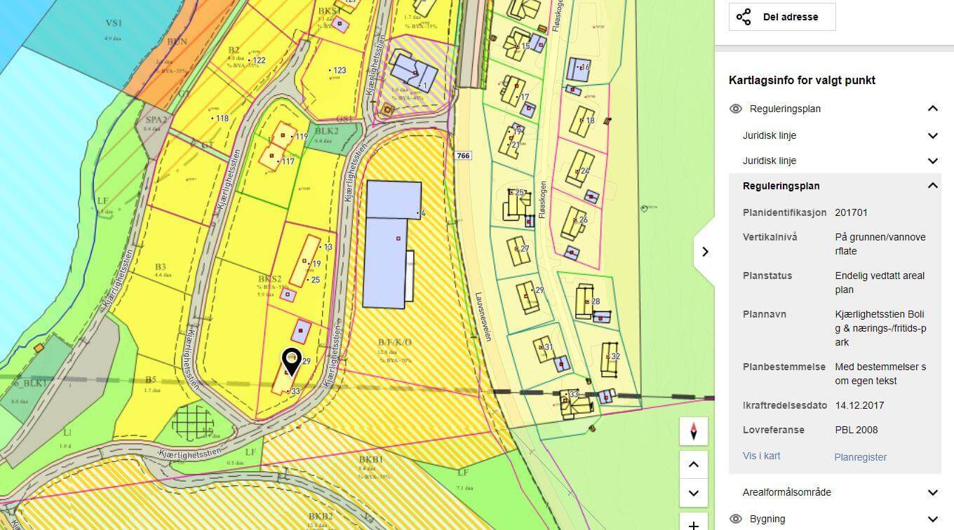 Et eksempel fra Kjærlighetsstien. Ved å trykke på en eiendom, kan du velge reguleringsplan under menyen til høyre. Deretter velger du planregister. Da får du opp tekstversjonen av reguleringsplanen med bestemmelser og det hele.
