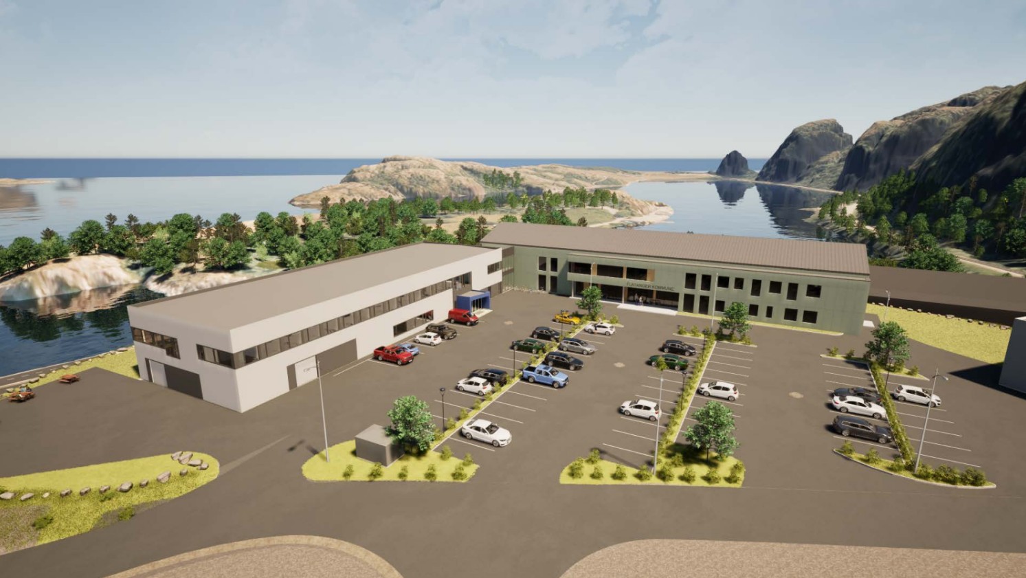 Et nytt kommunehus i Storlavika? Ideen lanseres av Havbruksparken Utvikling, som har tomt ferdig. Er er en skisse som viser nybygget i vinkel med dagens Havbrukspark. (Ill: Havbruksparken Utvikling)