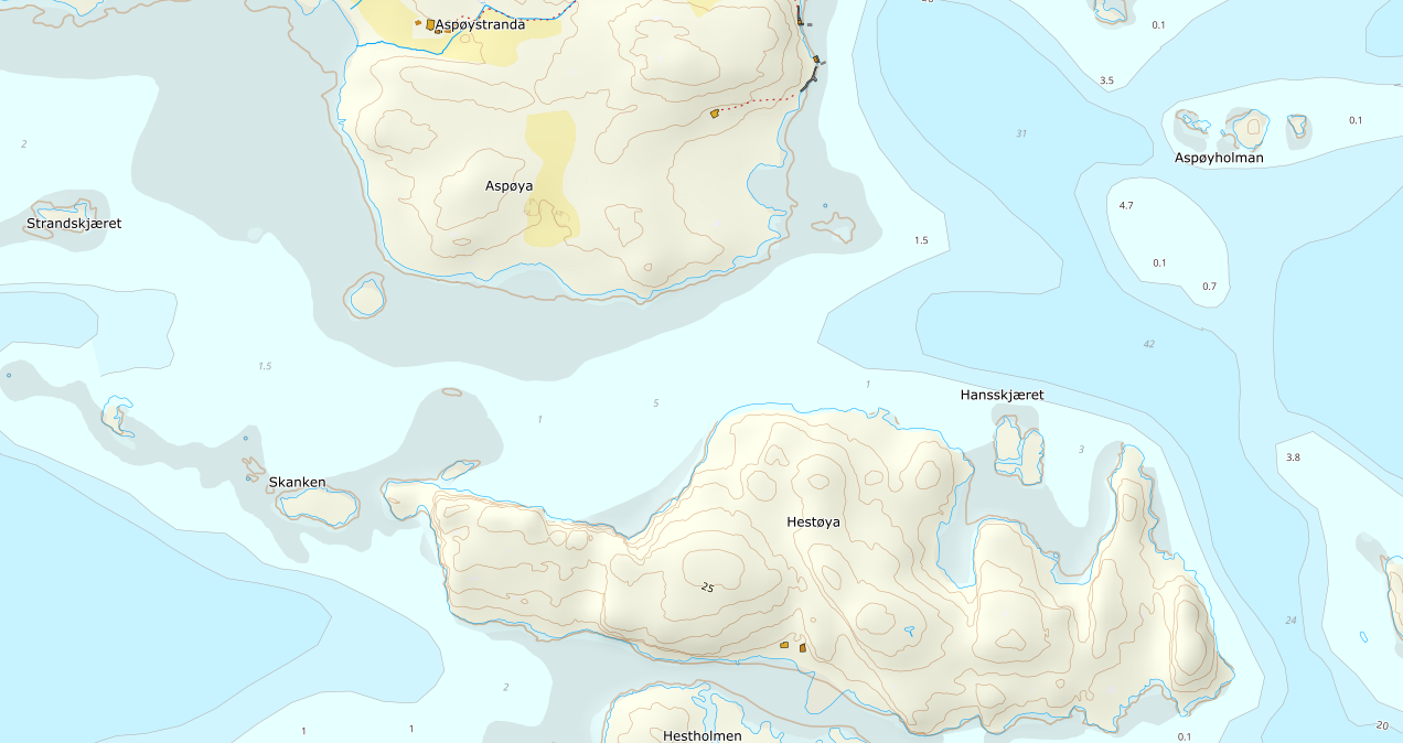 Grunna mellom Asp&oslash;ya og Hest&oslash;ya kalles Korteg&aring;rden. Skjermbilde fra Kartverket. 