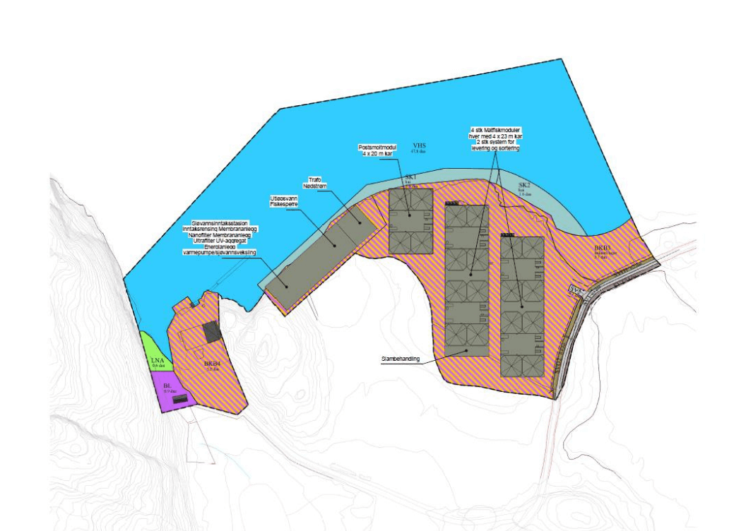 Tegningen viser en skisse av hvordan det framtidige anlegget kan bli seende ut. (Tegning fra s&oslash;knad til NVE)