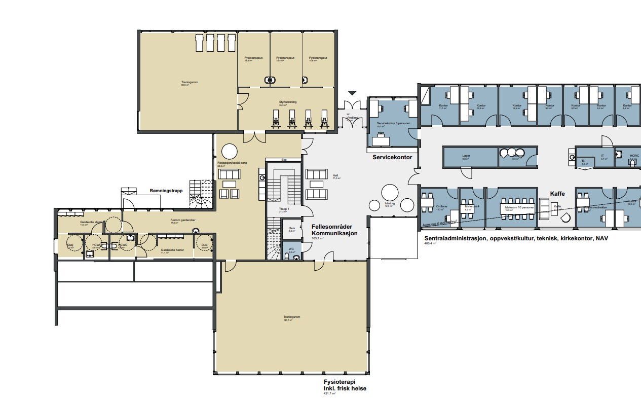 Deler av hovedetasjen, der kantine og møterom er omgjort til treningssenter og lokaler for fysioterapi. Kontorfløya foreslås ombygd med mindre kontorer, og toalett, lager og fellesrom legges midt i bygningen. (Tegning: Norconsult)