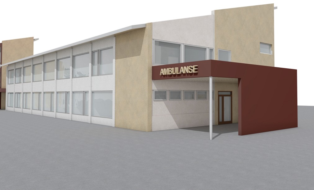 Det foreslås et overbygg rundt ambulanseinngangen, slik at pasienten er skjermet for vær og vind. (Tegning: Norconsult)