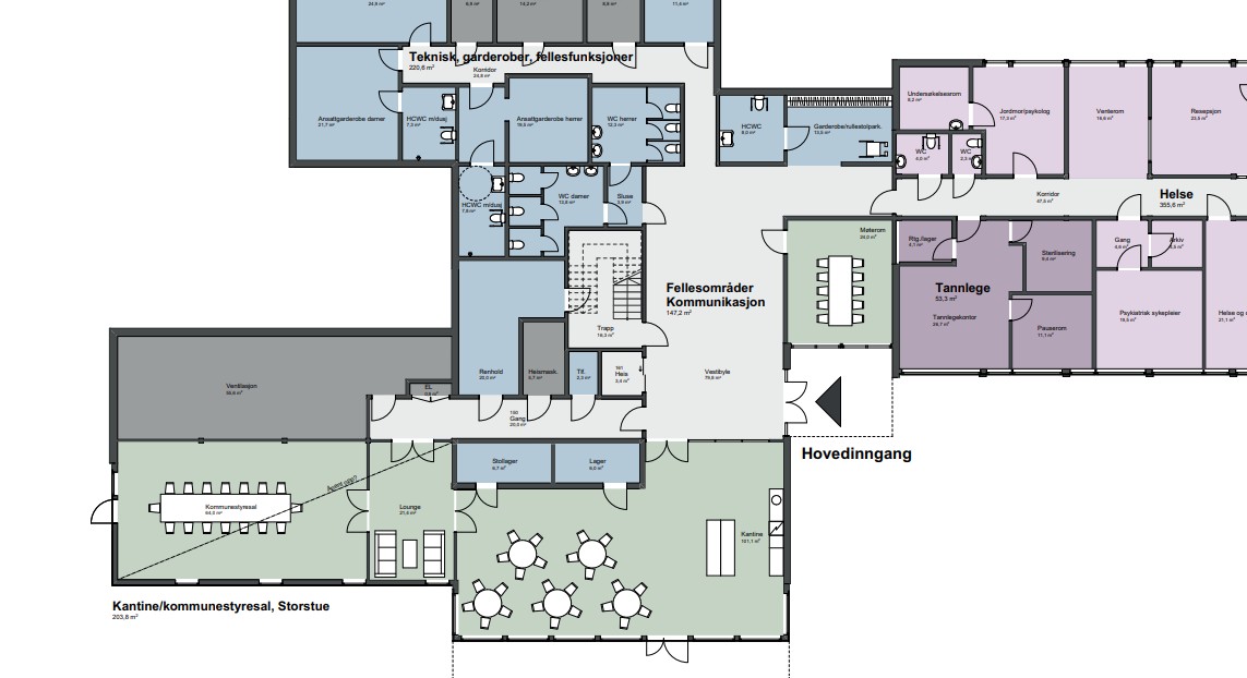 I sokkeletasjen blir kontor og fysioterapi ombygd til møterom og kantine. Dagens kontorer for psykiatrisk sykepleier flyttes til en mer skjermet plassering, og dagens kontor bygges om til møterom. (Tegning: Norconsult)