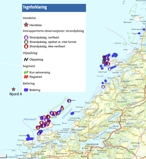 Kartet viser hvor det er funnet oljeklumper etter utslippet fra Njord A, som er merket med en stjerne ute i havet. (Kart: Milj&oslash;direktoratet)