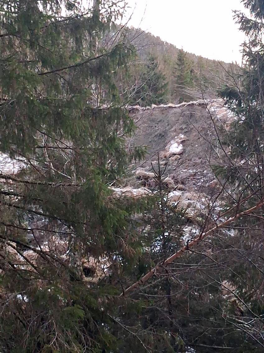 Store jordmasser har rast ut i elva. (Foto: Joakim Trana)