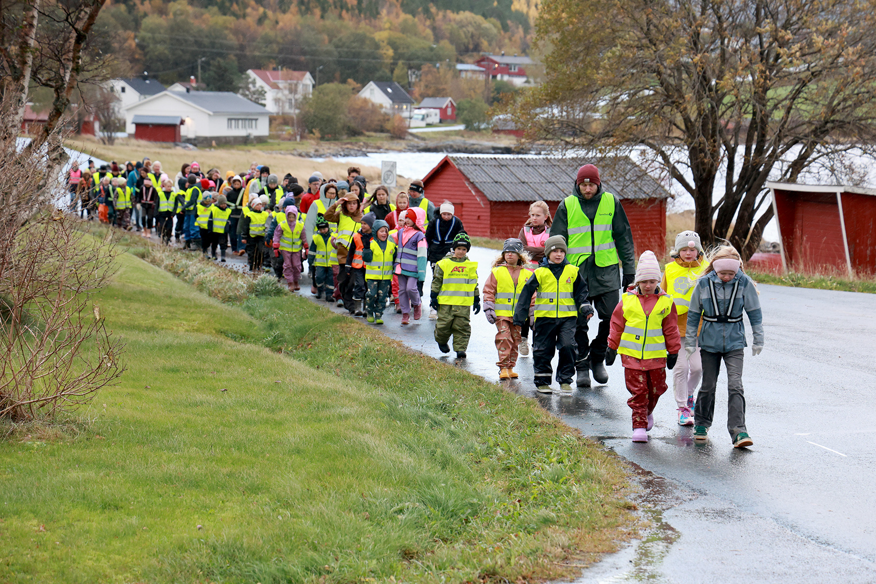 B&aring;de Lauv&oslash;yveien og Strandaveien mangler fortau. Her er reflekstoget p&aring; mot Stranda, mens regnet h&oslash;ljer ned.