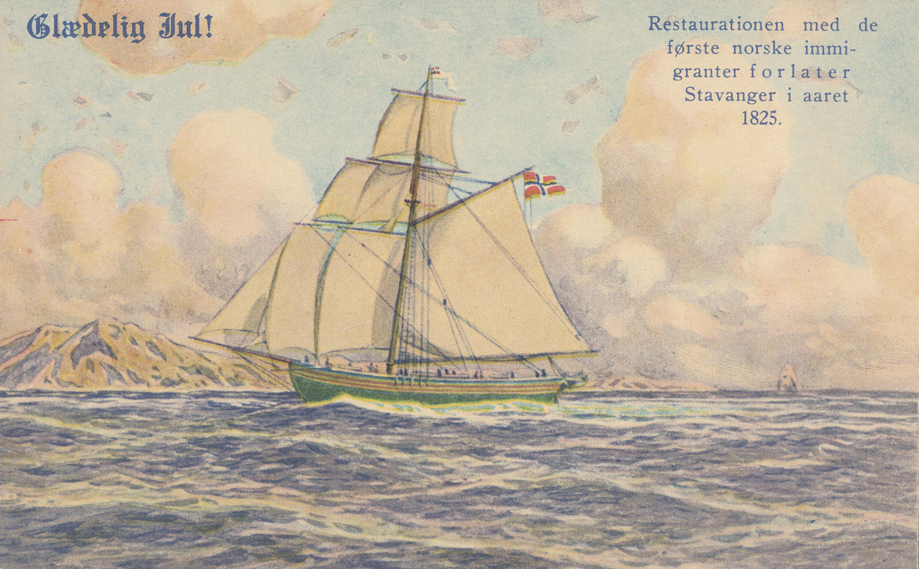 Et julekort basert p&aring; et maleri av det f&oslash;rste skipet som seilte med emigranter til Amerika i 1825. (Fra Nasjonalbiblioteket)