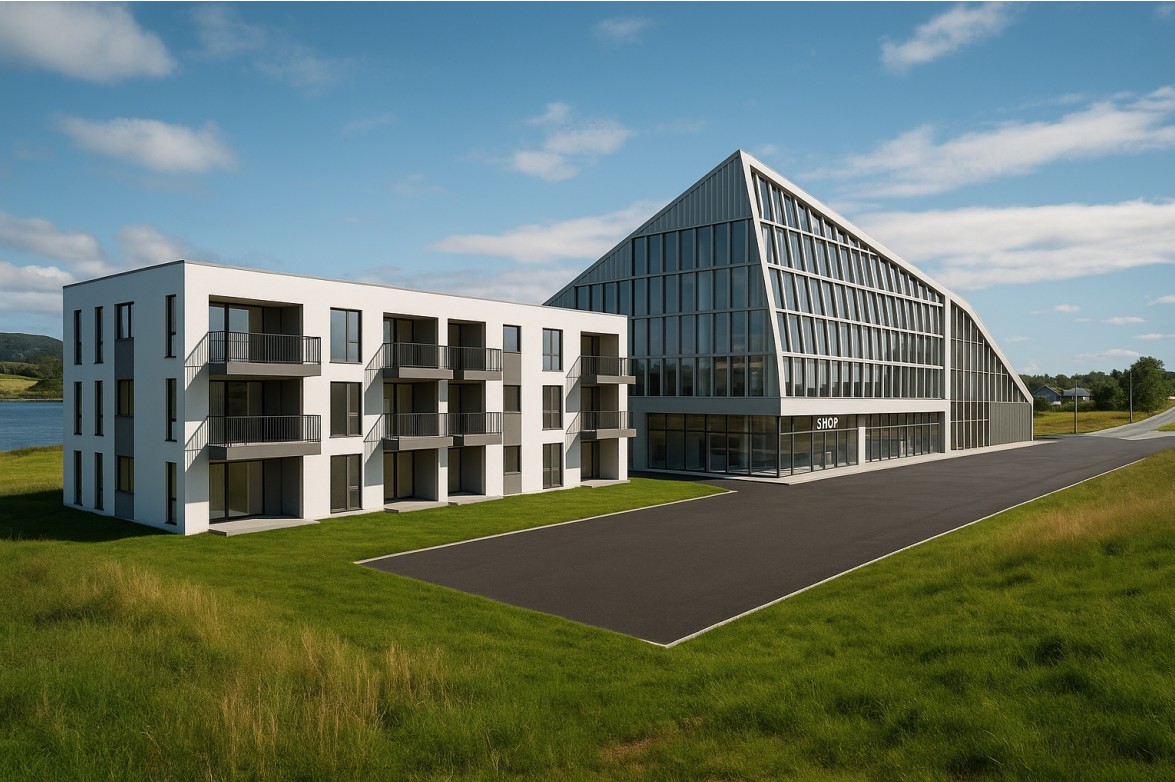 Lucas Haagensen har laget en skisse ved hjelp av AI, og han ser for seg et hybridhus med aktiviteter på kveldstid. (Ill: Peach eiendom)