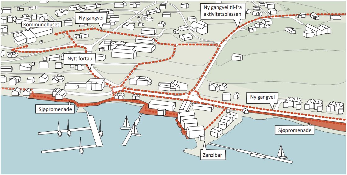 Slik kan et nytt system med fortau, gang og sykkelveier utvikles. (Skisse: Asplan Viak)