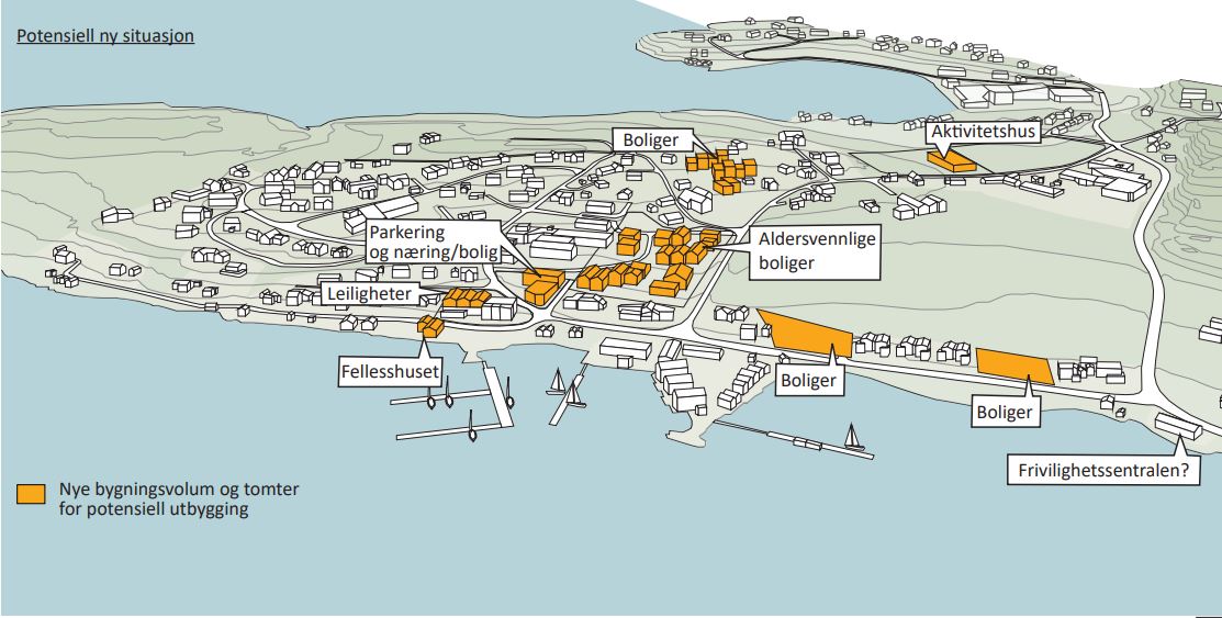 Her ser planleggerne for seg mulighetene for nye bygg. (Skisse: Asplan Viak)