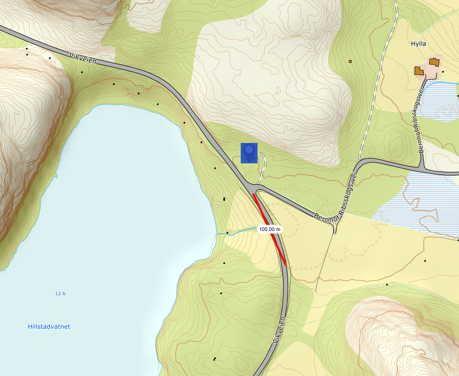 Utfra kartet og måleredskapet der, er det 100 meters fri sikt fra bilene kommer ut av fjellskjæringa til de er på krysset der fylkeskommunen mener det er trygt å stoppe bussen midt i veien for å slippe av elever. (Kart: Norgeskart)