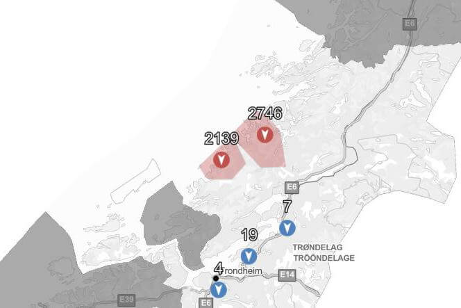 Kartet viser hvilke omr&aring;der som n&aring; er uten str&oslash;m. (Kart: Tensio)