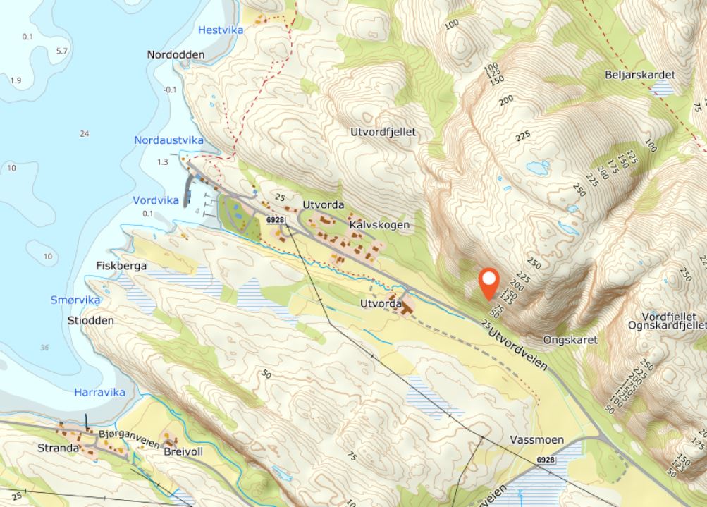 Raset har skjedd i fjellsida p&aring; bildet. Punktet er ikke helt n&oslash;yaktig satt. (Kart: Norgeskart)