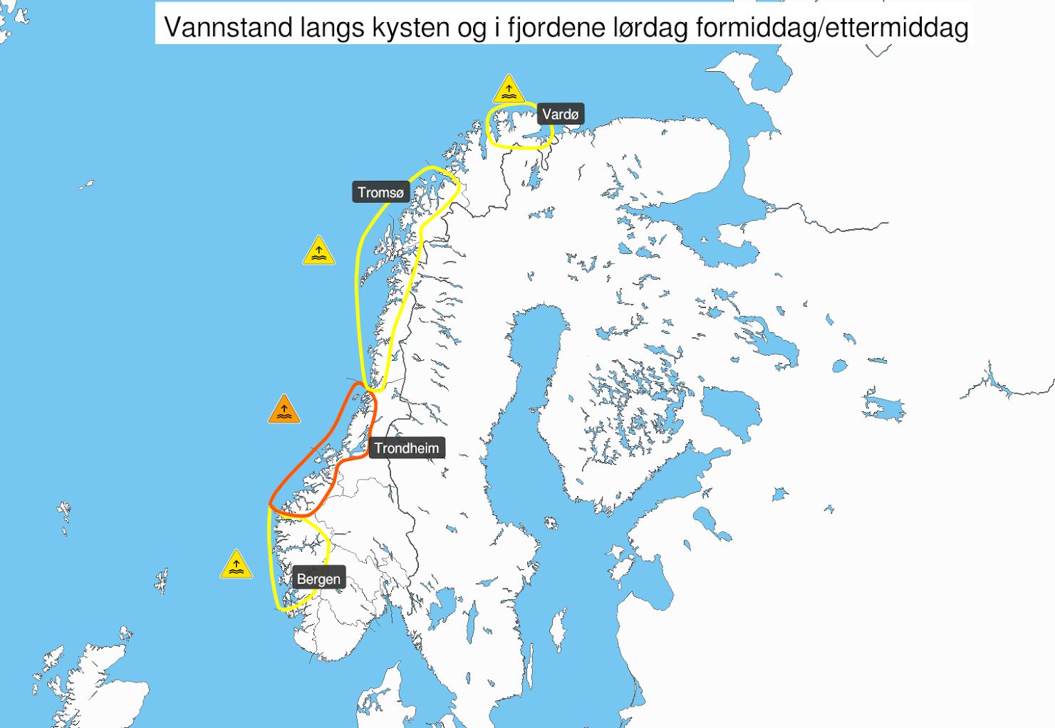 Tr&oslash;ndelag og M&oslash;re og Romsdal har oransje farevarsel for sv&aelig;rt h&oslash;y vannstand, mens det ellers langs kysten er sendt ut gult farevarsel. R&oslash;dt er det h&oslash;yeste niv&aring;et som kan meldes. (Kart: Met. inst)
