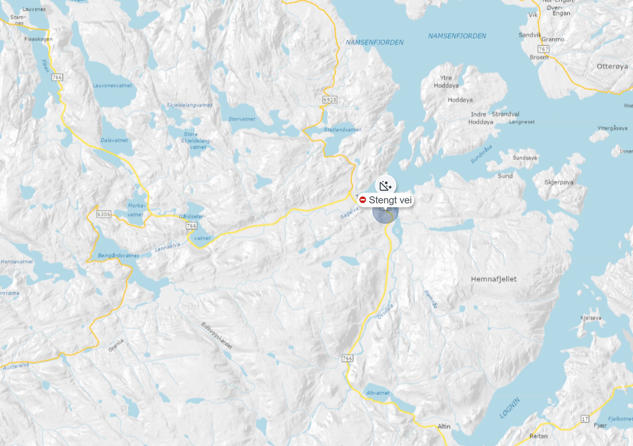 Fylkesveien er stengt mellom T&oslash;tdal og Buvika p&aring; grunn av steinskred. (Kart: Vegvesenet)