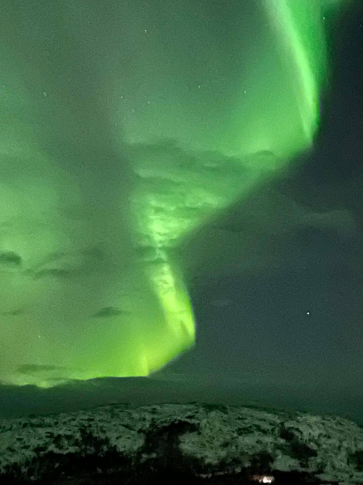 VIK: Nordlyset raste fram  og tilbake p&aring; himmelen og tegnet klare linjer. (Foto: Nina Haugberg Tiller)