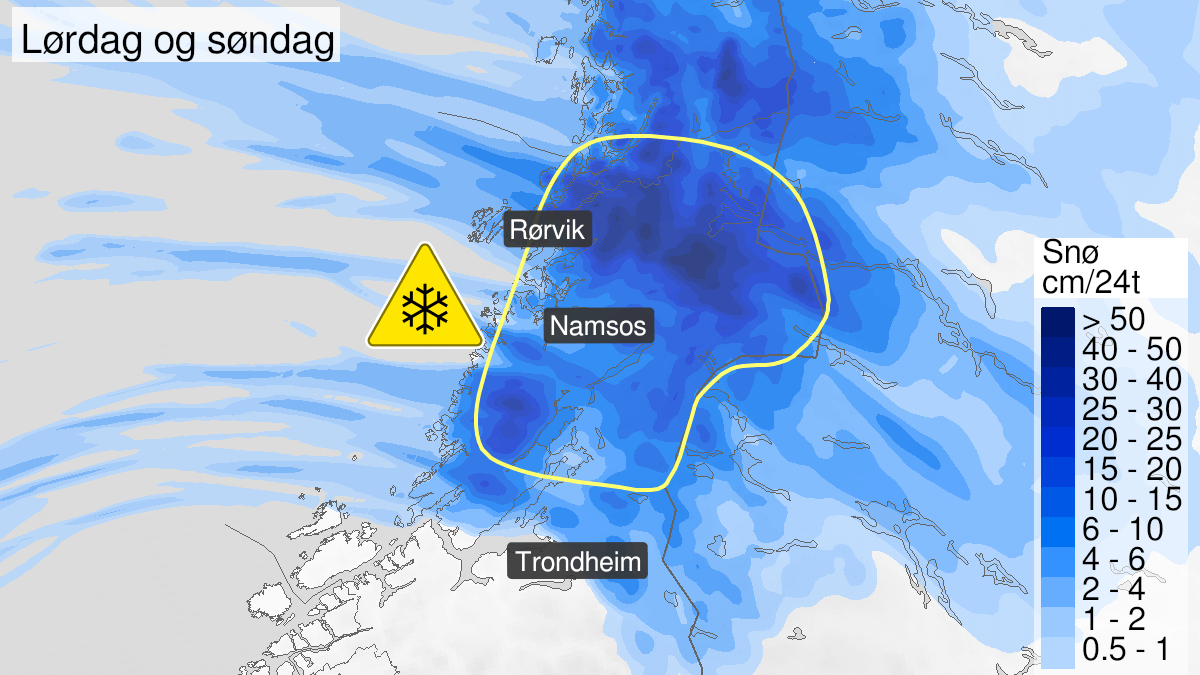 Ventet snømengde i Flatanger de kommende døgn. (Kart: yr.no)